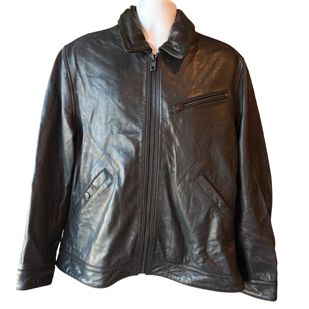 Andrew Marc Leather Jacket Black Zip Front Moto Style Men's Size Large
